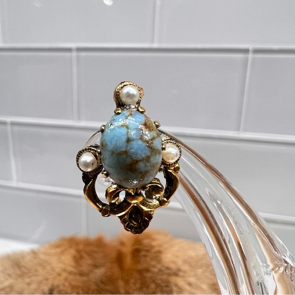 Vtg Victorian Austria Peking Glass Bead Faux Turquoise & Pearls Clip On Earrings - Picture 4 of 9